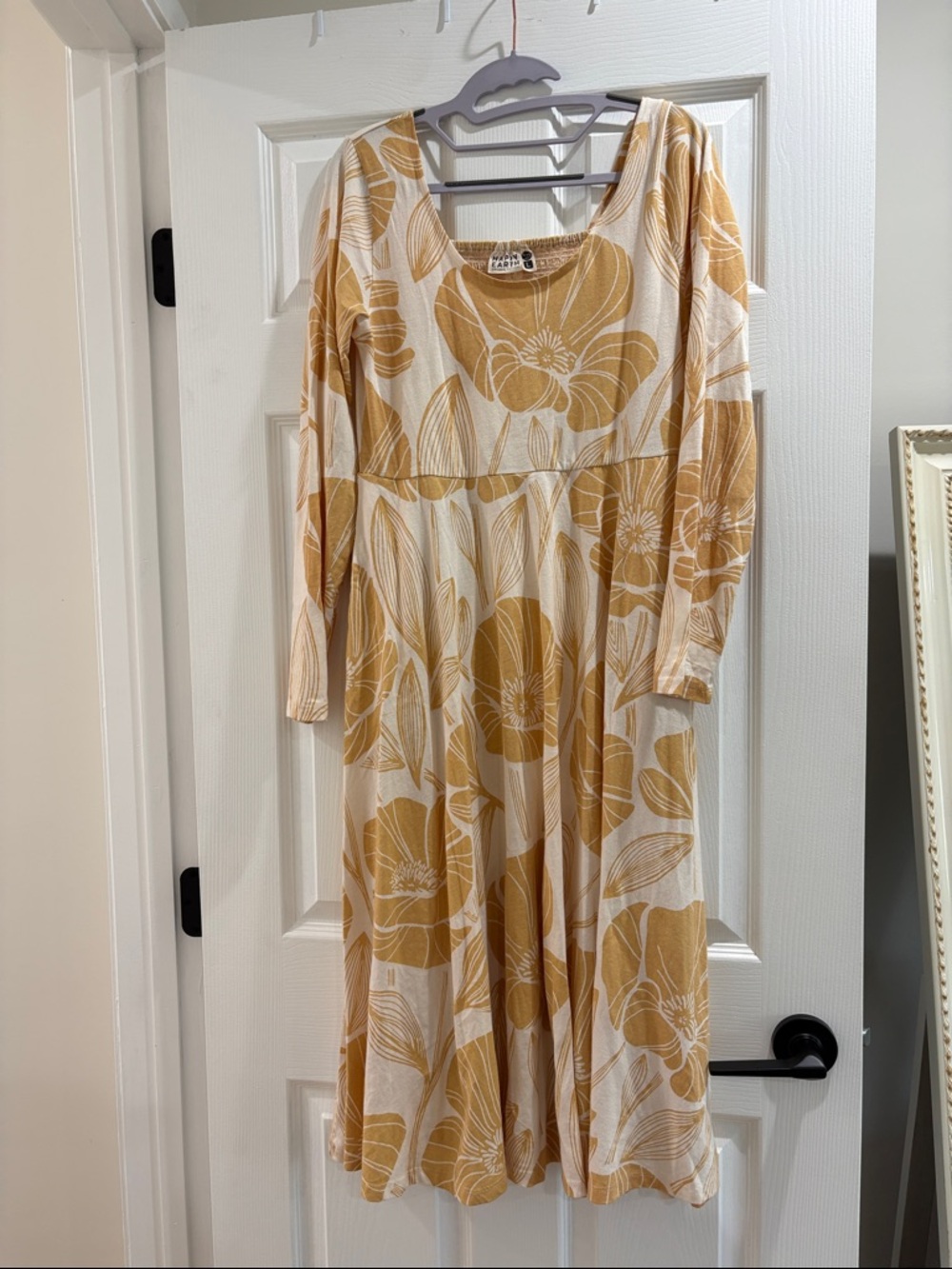 Happy Earth Luna Midi Dress Floral Midi Dress in Mustard Yellow Organic Cotton L